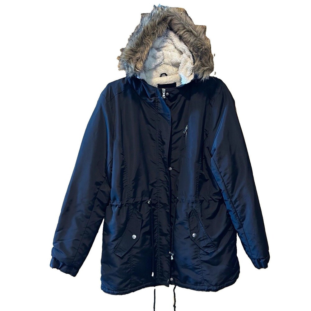 Women’s Parka Coat 2X Black Hooded Faux Fur Trim Sherpa Lined Pockets Ski